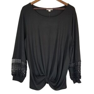 Blue Mood Black Crochet‎ Sleeve Knot Front Long Sleeve Top Plus Size 3X